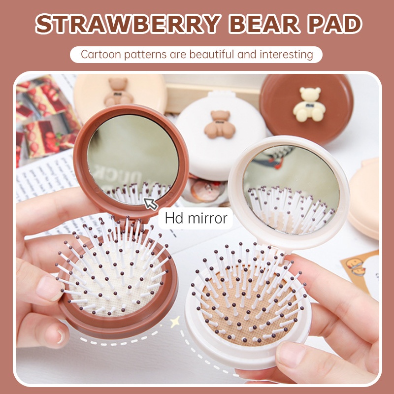 Miua🔮Lược Chải Tóc Mini Chống Tĩnh Điện Có Gương Soi Hình Gấu Hoạt Hình Dễ Thương Có Thể Gập Lại Cho Bé Gái