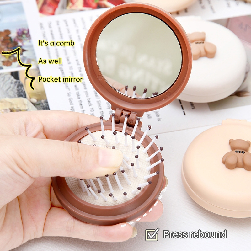 Miua🔮Lược Chải Tóc Mini Chống Tĩnh Điện Có Gương Soi Hình Gấu Hoạt Hình Dễ Thương Có Thể Gập Lại Cho Bé Gái