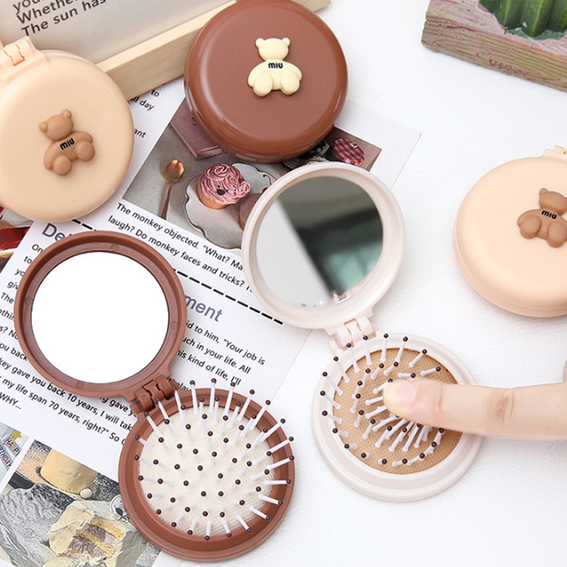 Miua🔮Lược Chải Tóc Mini Chống Tĩnh Điện Có Gương Soi Hình Gấu Hoạt Hình Dễ Thương Có Thể Gập Lại Cho Bé Gái