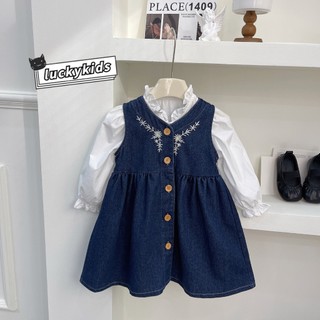 Áo sơ mi tay dài / đầm denim sát nách thêu hoa thời trang mùa thu cho bé gái