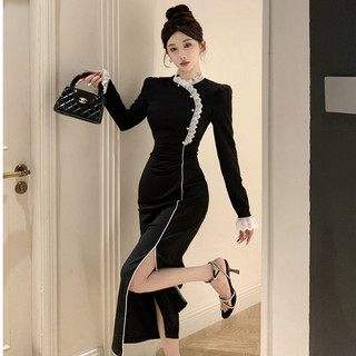 Đầm Dự Tiệc Màu Đen Cổ Tròn Tay Dài Ôm Dáng Phối Ren Phong Cách Pháp Thời Trang Cho Nữ