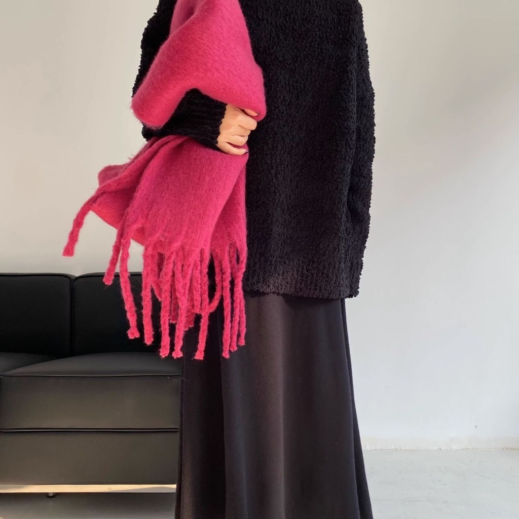 Khăn Choàng Len Cashmere Nhân Tạo Mềm Mại Dày Dặn Phối Tua Rua Màu Xanh Lá Cây Thời Trang Mùa