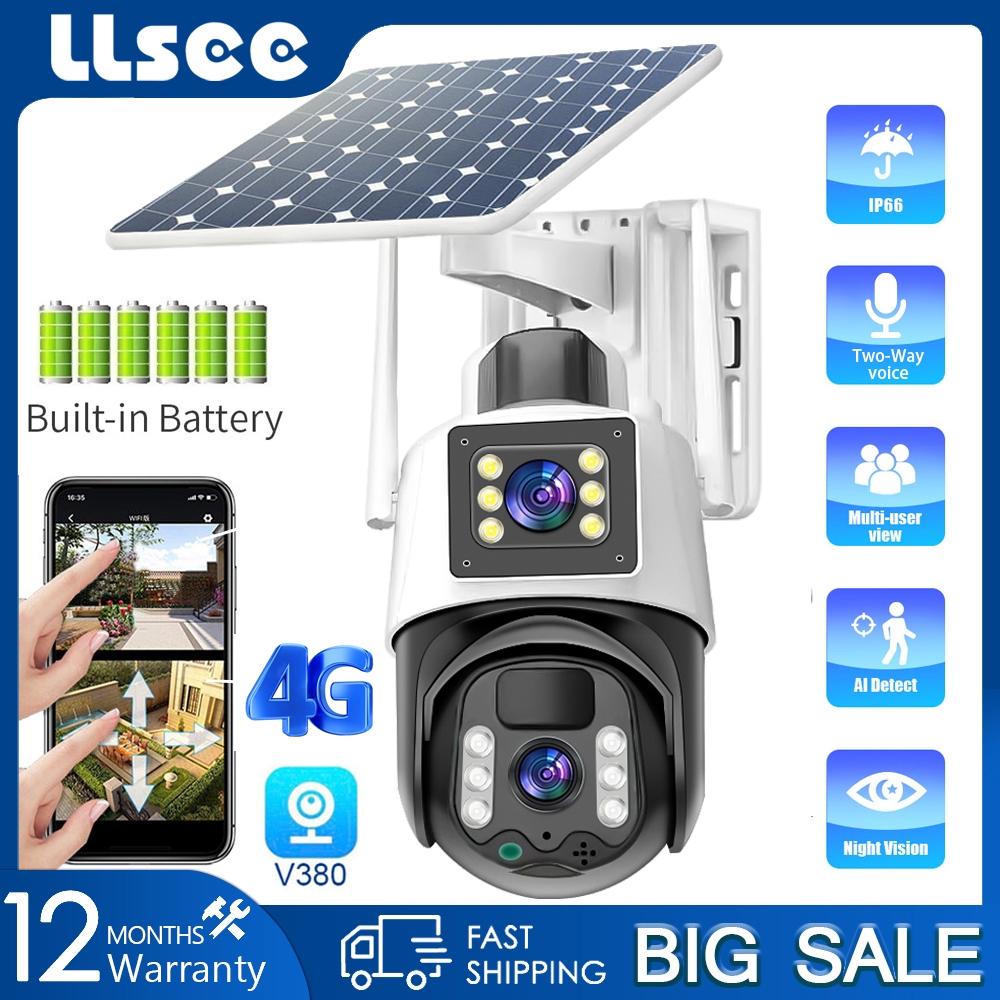 LLSEE v380 pro 4g sim camera năng lượng mặt trời 2 mắt ngoài trời 8MP 4k kết nối không dây điện thoại di động 360 độ xoay - Tầm nhìn ban đêm đầy màu sắc - Theo dõi điện thoại di động - Chống thấm nước - Gọi gấp đôi