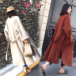 Áo khoác len [S ~ 2XL] Áo khoác len chần bông dày Over-the-Knee dài buộc dây Áo khoác len mùa thu đông Áo khoác len nữ thời trang Trung dài Tính khí mỏng hơn trông dày Woo