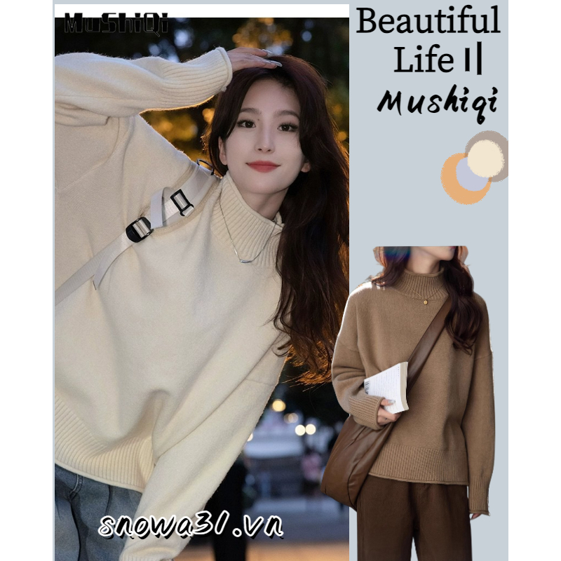 Mushiqi Áo sweater Dệt Kim Cổ Lọ Dáng Rộng Màu Trơn Phong Cách Hàn Quốc Cho Nữ