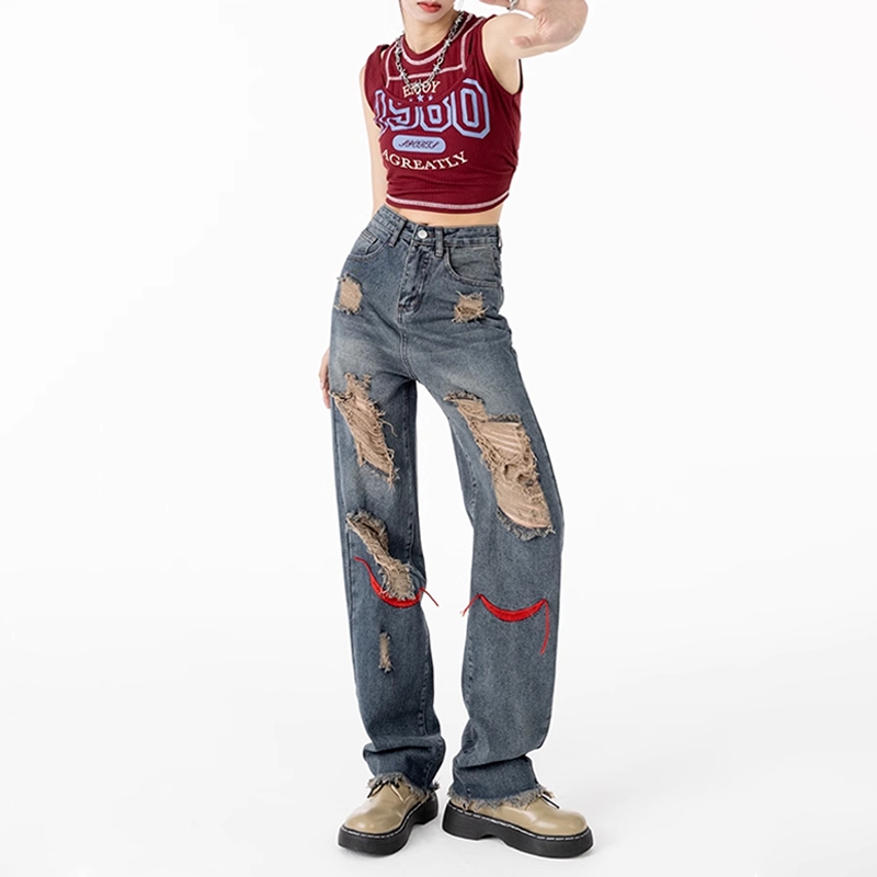 Quần jeans rách nữ quần jean lưng cao Quần jean rách cổ điển của Mỹ Thời trang phong cách mới