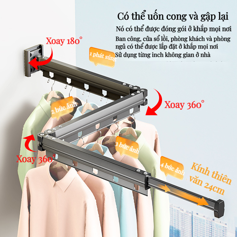 Ahome Giá Phơi Quần áo Treo Tường Có Thể Thu Vào Tiết Kiệm Không Gian Vòng Xoay Móc đơn Giản Cho Phòng Giặt Ban Công giàn phơi thông minh
