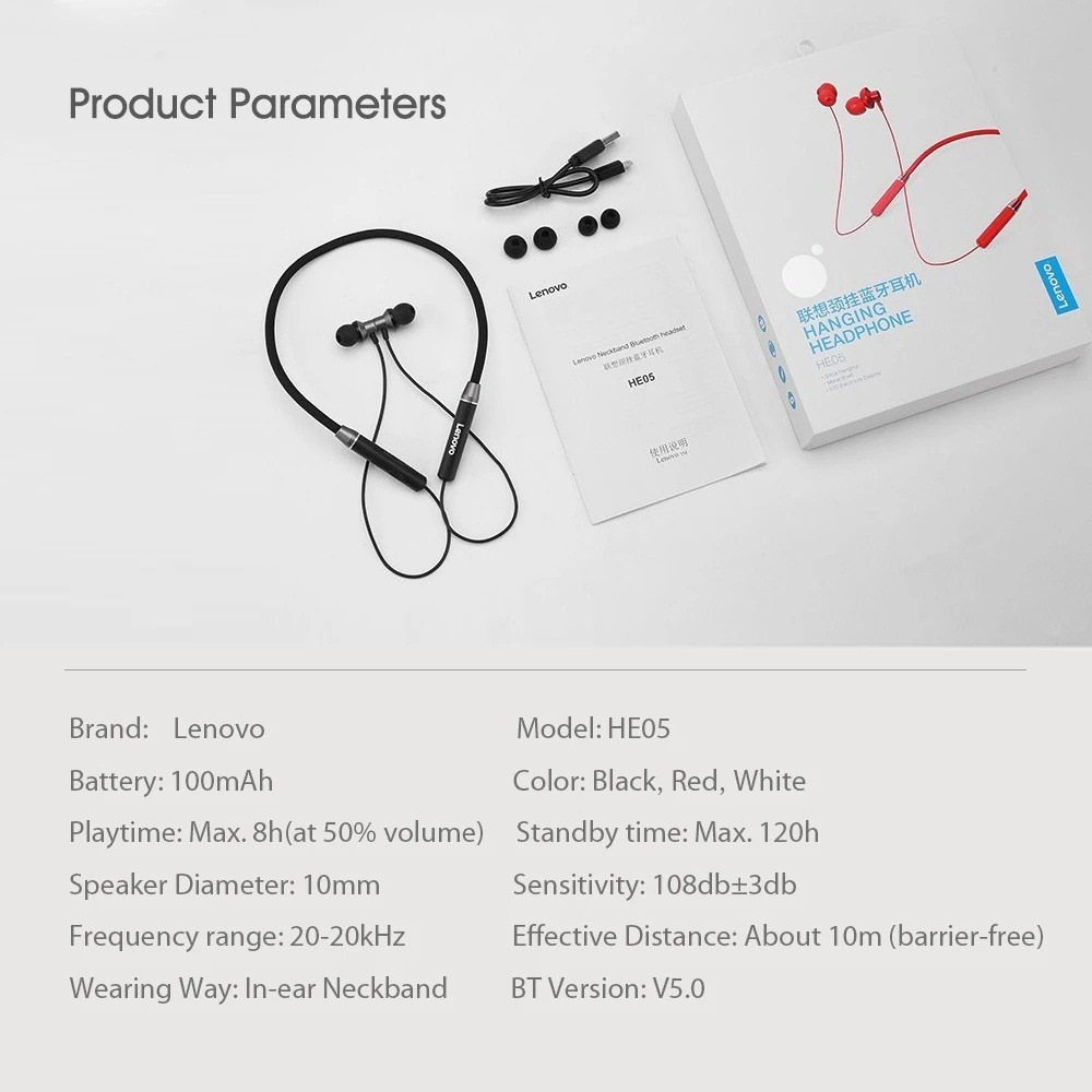 Tai Nghe Bluetooth Lenovo HE05X Ⅱ không dây  Chống nước HIFI Stereo Từ dây đeo cổ thể thao IPX5 Tuổi thọ pin dài có micrô | BigBuy360 - bigbuy360.vn
