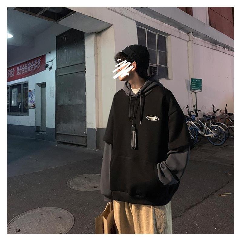 Áo Hoodie Giả Hai Lớp Dáng Rộng Thời Trang Thu Đông Cho Nam