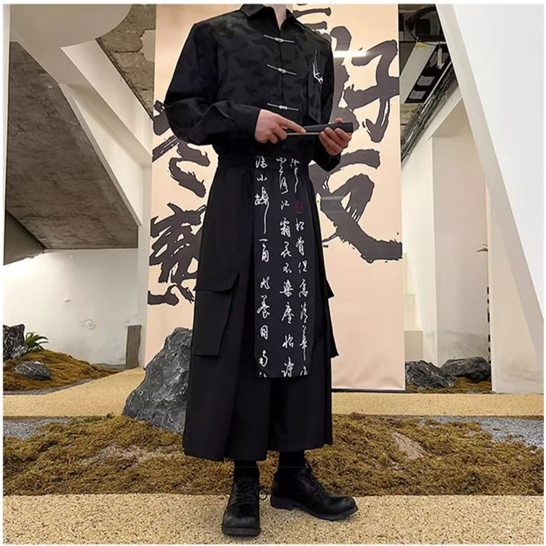 Esea Quần culottes Dáng Rộng In Thư Pháp Trung Hoa Cách Tân Màu Tối Thời Trang Mới Cho Nam