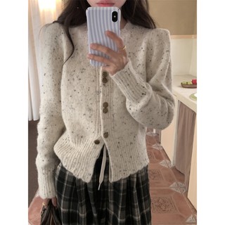 Bộ áo khoác cardigan dệt kim + quần dài ống rộng họa tiết chấm bi màu sắc 69088