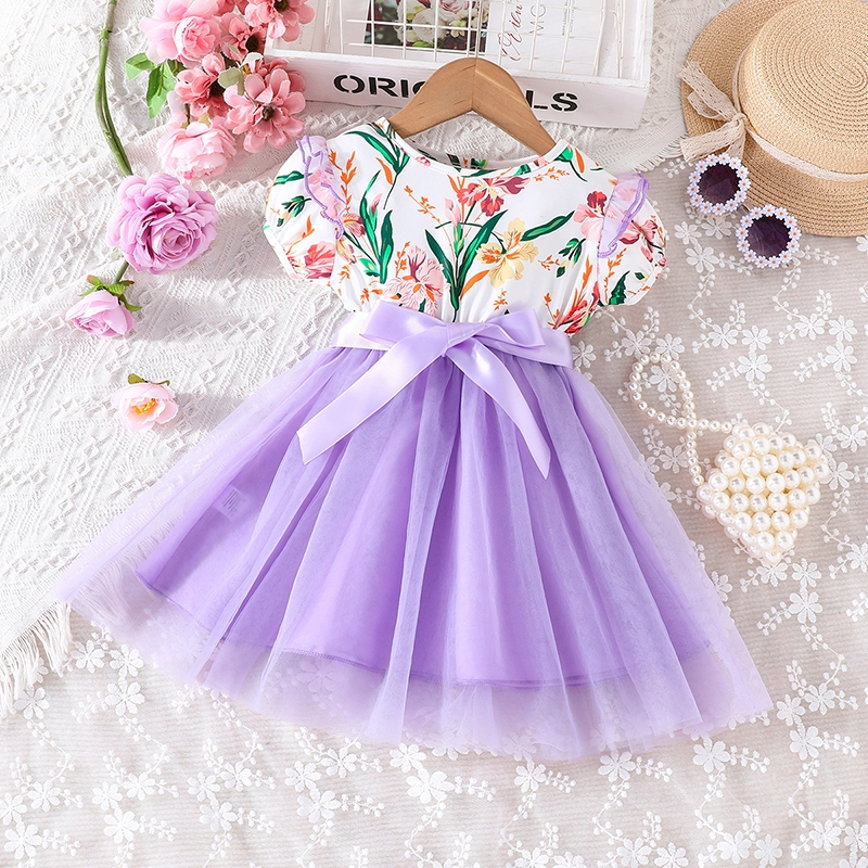 Váy bé gái 1-6 Tuổi Kiểu Công Chúa Thời Trang Ren Hoa Màu Tím Dễ Thương Mùa Hè Cho Bé Gái Trẻ em