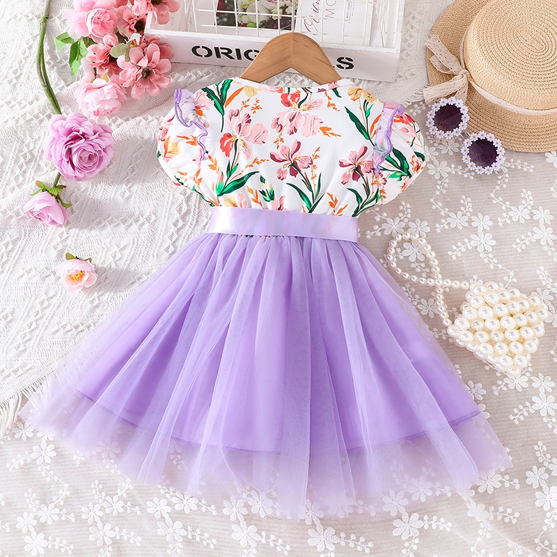 Váy bé gái 1-6 Tuổi Kiểu Công Chúa Thời Trang Ren Hoa Màu Tím Dễ Thương Mùa Hè Cho Bé Gái Trẻ em