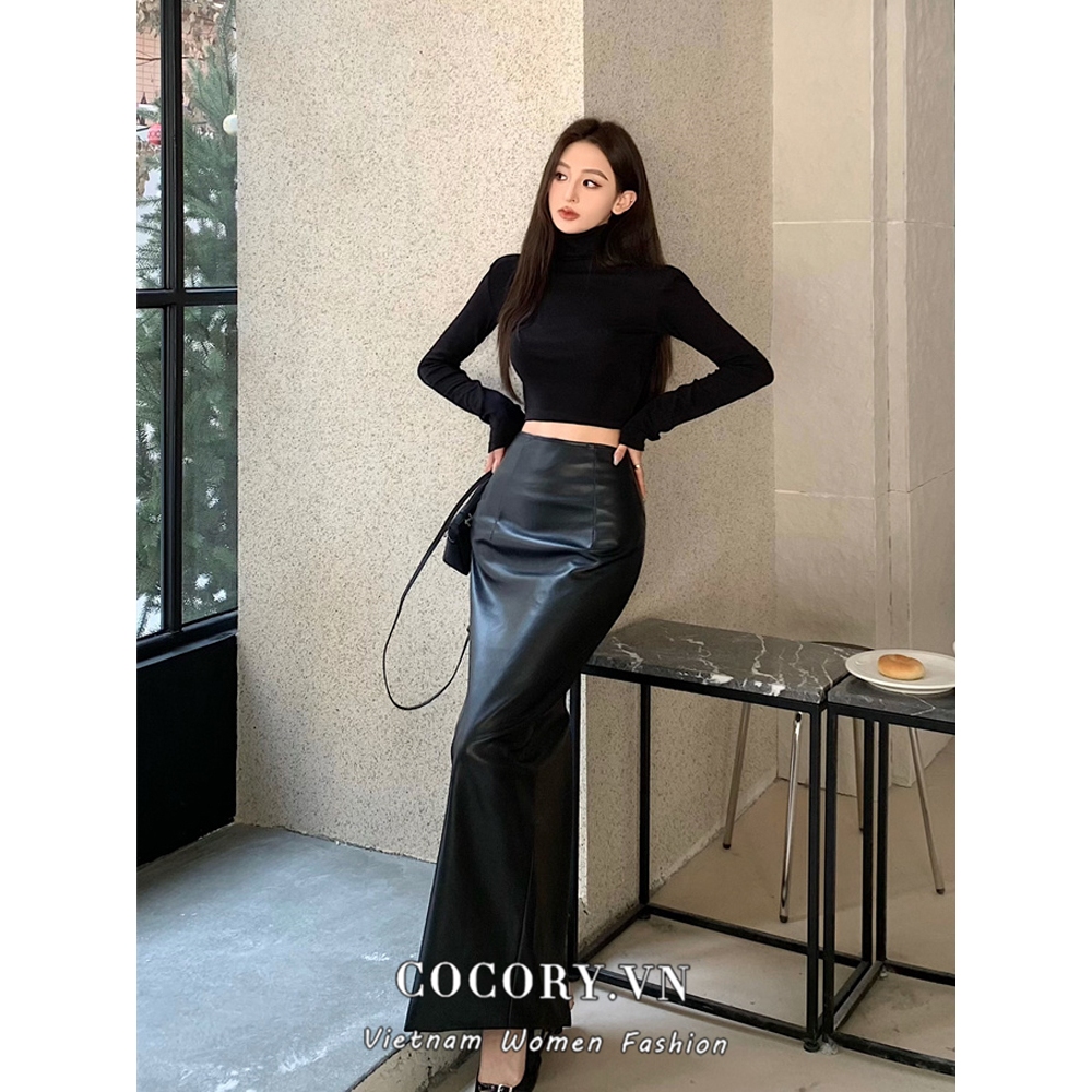 Cocory vn Set Áo Thun Dài Tay Cổ Cao + Chân Váy Da Xẻ Tà Gợi Cảm Cho Nữ