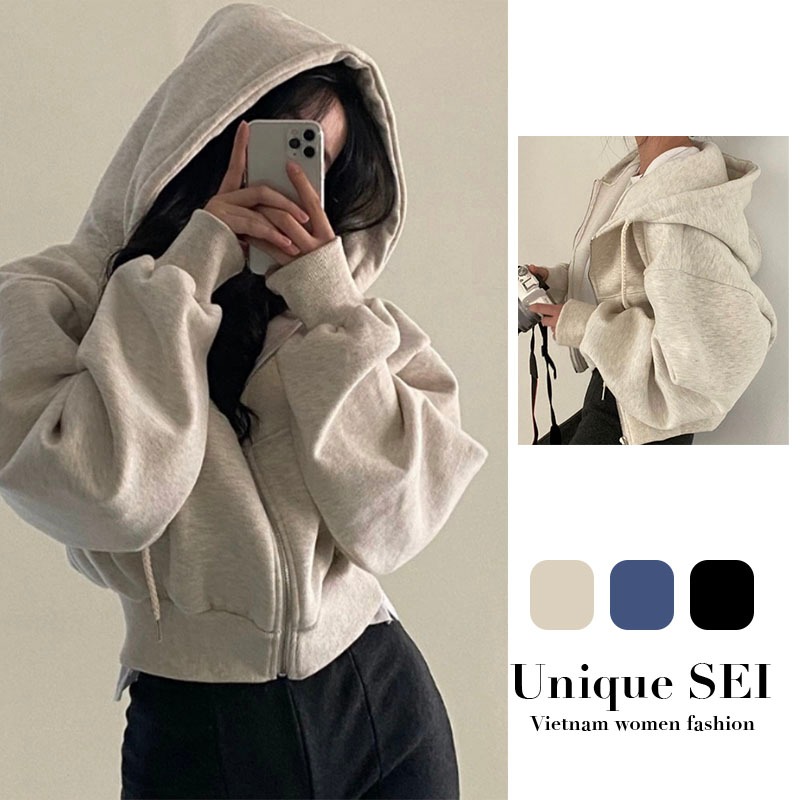 🔥Có Hàng Sẵn🔥 Áo khoác nỉ croptop dáng rộng siêu xinh phong cách Hàn Quốc, Áo khoác thu đông nữ hoodie zip tay bồng