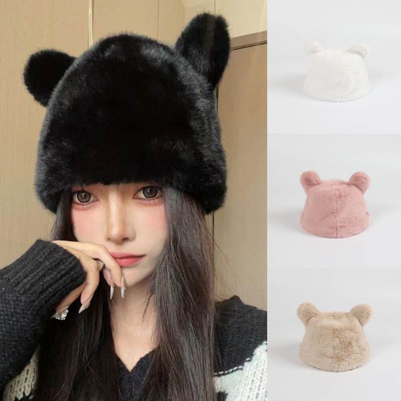Nón bucket Màu Trơn In Hình Mèo Hoạt Hình Dễ Thương Cho Nữ