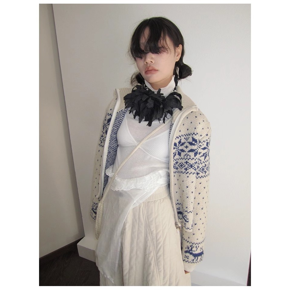 Áo Khoác cardigan Cổ Đứng Phối Khóa Kéo Phong Cách vintage Nhật Bản Cho Nữ