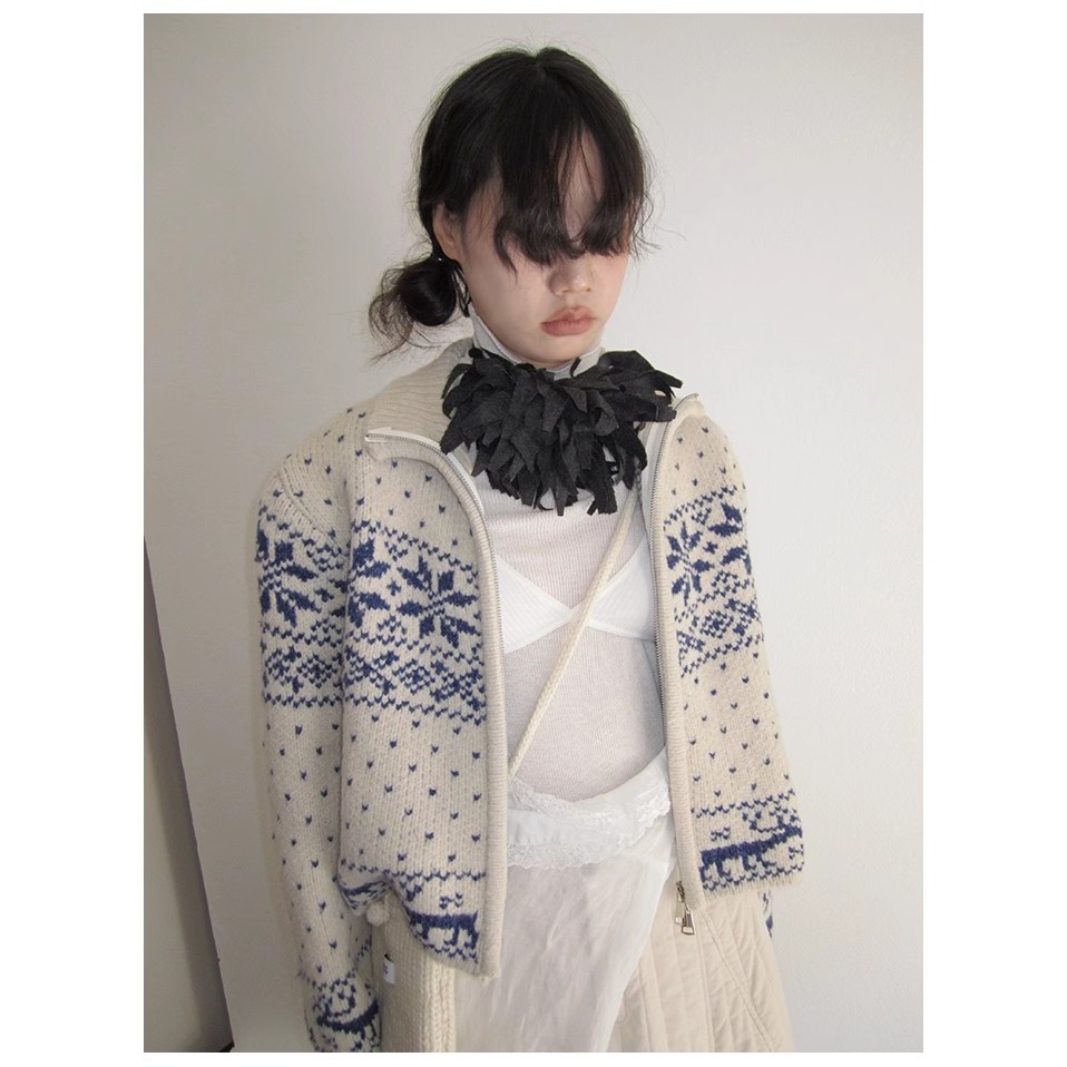 Áo Khoác cardigan Cổ Đứng Phối Khóa Kéo Phong Cách vintage Nhật Bản Cho Nữ