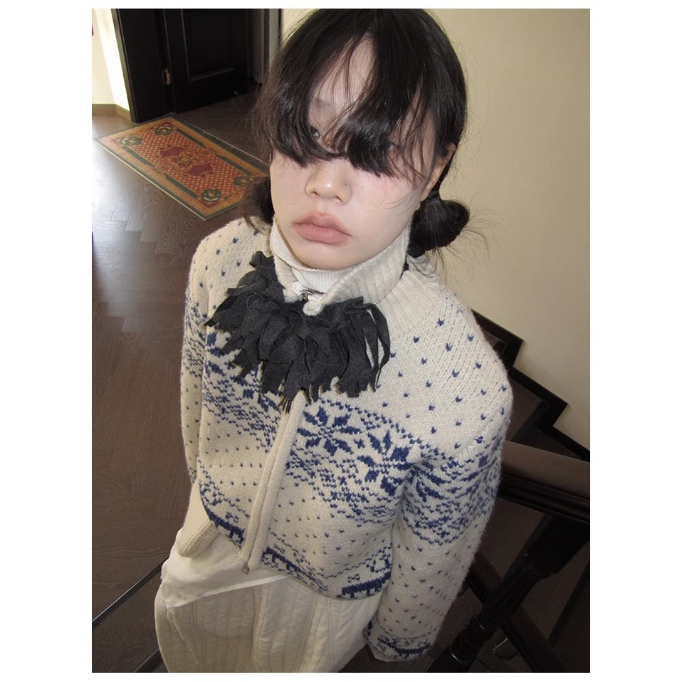 Áo Khoác cardigan Cổ Đứng Phối Khóa Kéo Phong Cách vintage Nhật Bản Cho Nữ