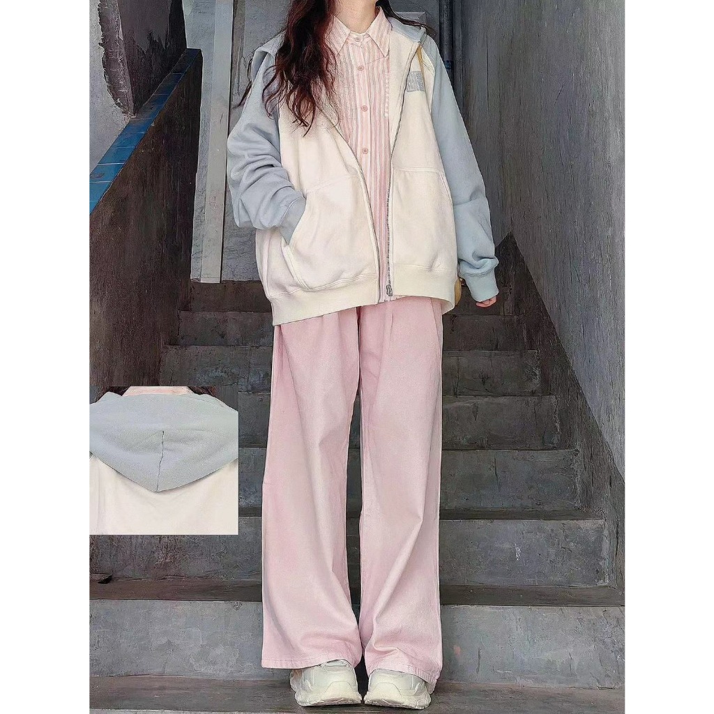 Áo Khoác Hoodie Dáng Rộng Có Khóa Kéo Màu Be / Xanh Nhạt Thời Trang Cho Nữ Thẻ