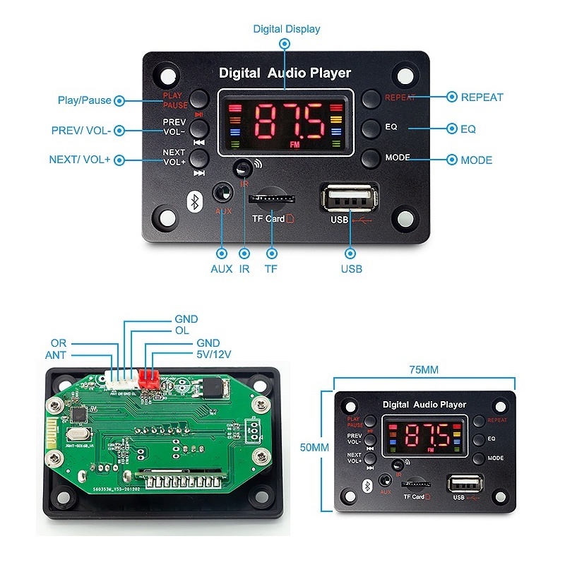 Bảng Mạch Khuếch Đại Âm Thanh mp3 80w bluetooth 5.0 dc 12v 2 * 40w Hỗ Trợ Thẻ tf usb aux Cho Xe Hơi