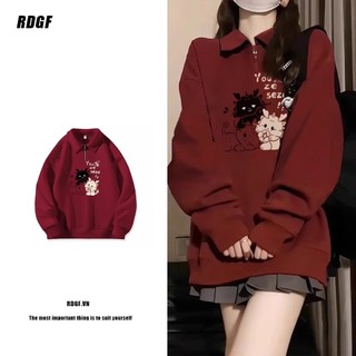  Áo sweater nữ RDGF oversize dáng rộng cổ polo khóa kéo thời trang phong cách Hàn Quốc 