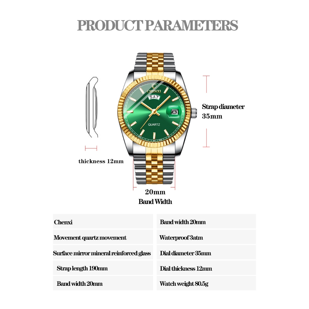 Chenxi Đồng Hồ Đeo Tay Bằng Thép Không Gỉ Chống Nước Phát Quang Phong Cách Doanh Nhân Cho Nam