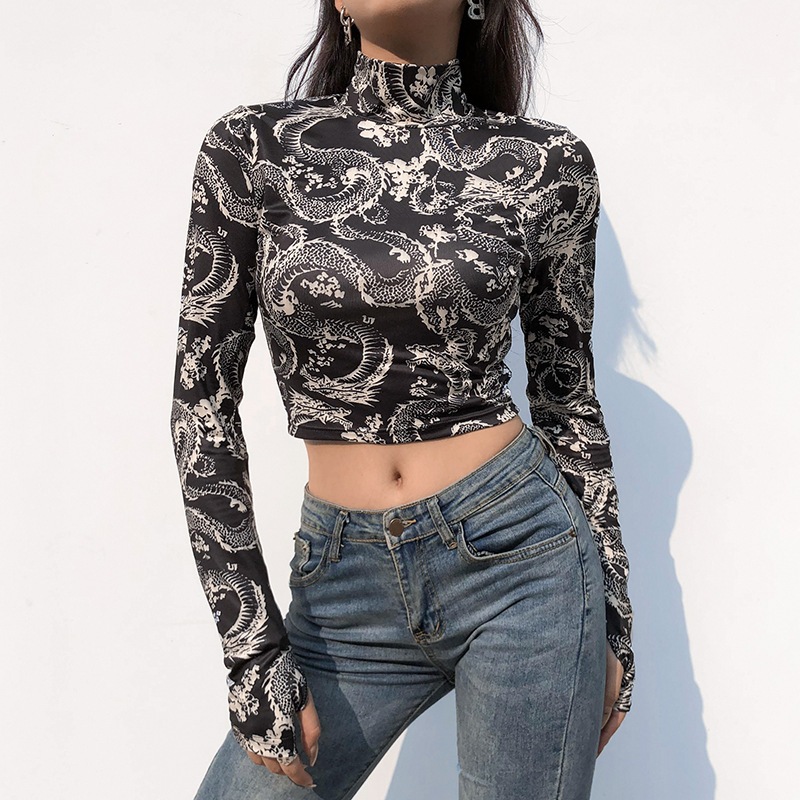 TODOBLACK Áo Croptop Tay Dài Cổ Cao Dáng Ôm In Hình Rồng Thời Trang Cá Tính Cho Nữ