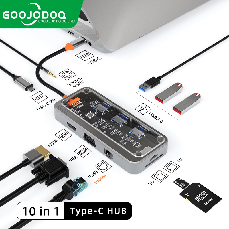 GOOJODOQ HUB Type C và HUB USB 3.0 10 Trong 1 Bộ Chia Cổng PD1000W 4K HDMI VGA RJ45 PD TF/SD cho laptop tiện dụng