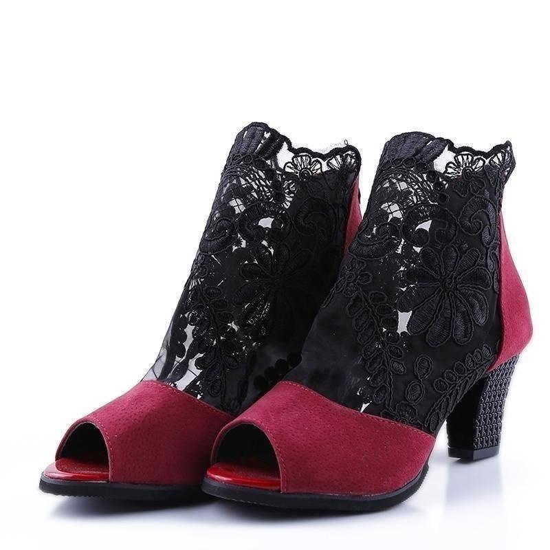 Giày Cao Gót Phối Lưới Màu Đỏ Đen Thời Trang Cho Nữ