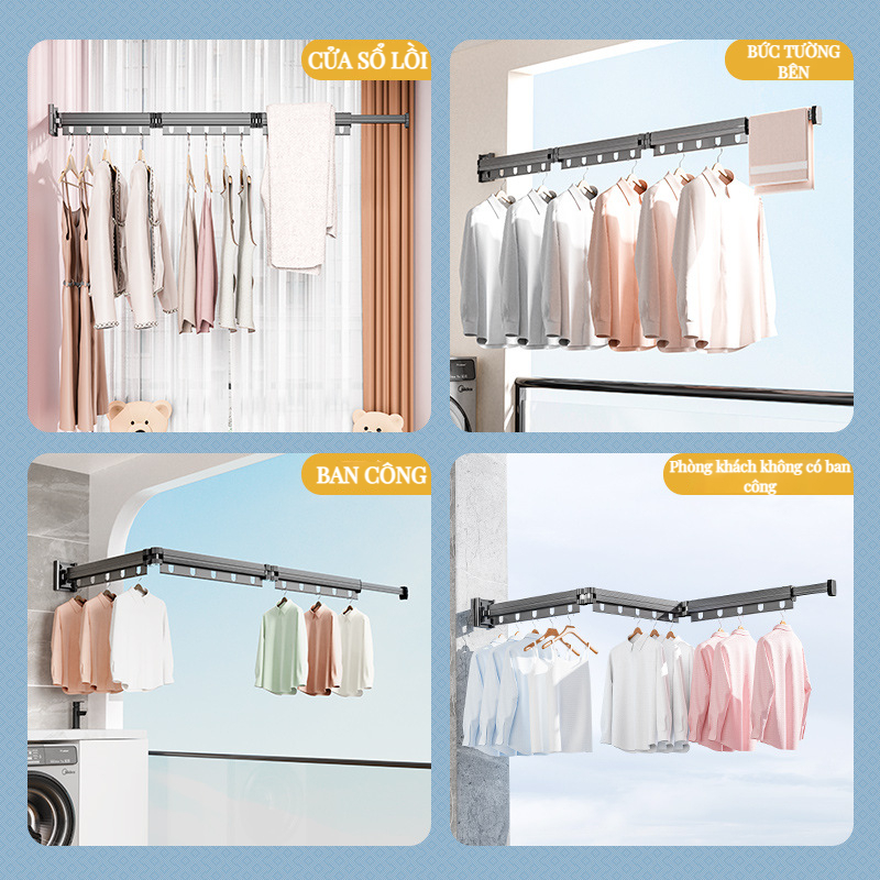 Ahome Giá Phơi Quần áo Treo Tường Có Thể Thu Vào Tiết Kiệm Không Gian Vòng Xoay Móc đơn Giản Cho Phòng Giặt Ban Công giàn phơi thông minh