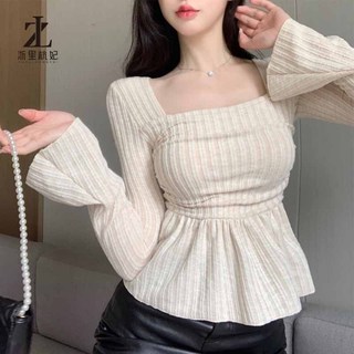 ZHELIHANGFEI Áo thun cổ vuông xếp nếp trơn đơn giản cho nữ (Mơ/Nâu)