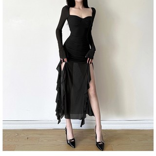 Klalien Đầm maxi Ôm Dáng Tay Dài Cổ Vuông Không Đối Xứng Màu Tím Thanh Lịch Cho Nữ