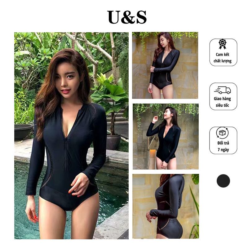 Bikini đồ bơi nữ đi biển 1 mảnh bộ bơi dài tay nữ Bikini 1 mảnh áo tắm liền thân đi biển tay dài khóa kéo che khuyết điểm đồ bơi nữ kín đáo màu đen tôn dáng
