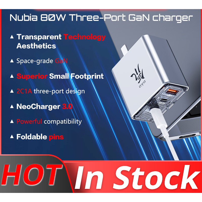 Nubia Redmagic Dao Feng 80W GaN Sạc Ba Cổng USB-A / C1 / C2 Cáp 100w pd / qc giao thức COD