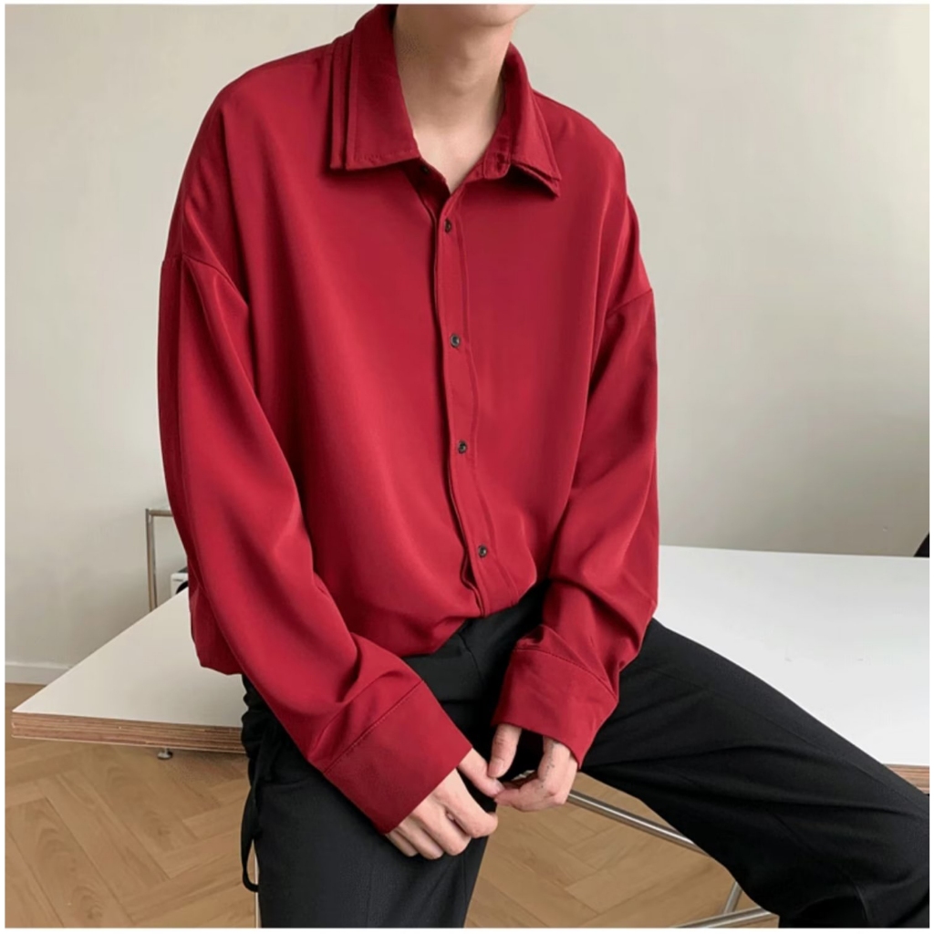 Áo sơ mi tay dài màu đỏ thời trang trẻ trung cho nam hàn quốc áo nam đẹp simple top áo thời trang nam fashion áo sơ mi nam dài tay