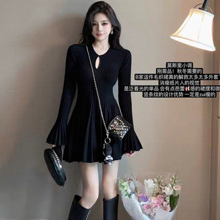 Đầm Dệt Kim Tay Dài Ống Loe Xếp Ly Màu Đen Phong Cách Hàn Quốc Thời Trang Cho Nữ