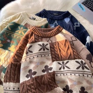 Áo sweater Dệt Kim Cổ Tròn Dáng Rộng In Hình Tuần Lộc Giáng Sinh Màu Sắc Tương Phản Thoáng Khí Thoải Mái Thời Trang Thu Đông Cho Cặp Đôi