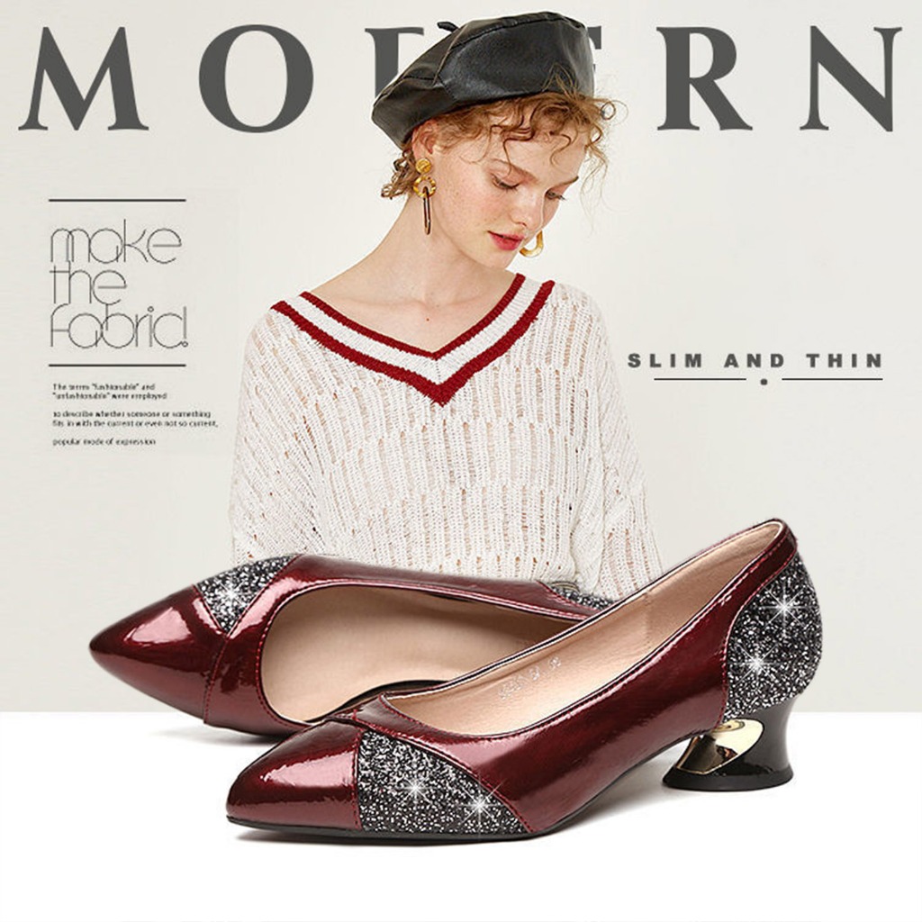 Giày Búp Bê Da Bóng Mũi Nhọn Gót Dày Thấp Đính Kim Sa Thời Trang Xuân Thu Dành Cho Bạn Nữ 437