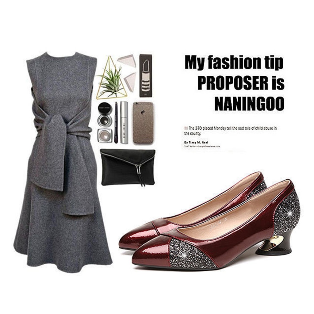 Giày Búp Bê Da Bóng Mũi Nhọn Gót Dày Thấp Đính Kim Sa Thời Trang Xuân Thu Dành Cho Bạn Nữ 437