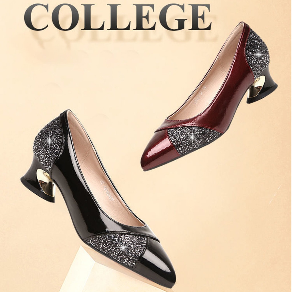 Giày Búp Bê Da Bóng Mũi Nhọn Gót Dày Thấp Đính Kim Sa Thời Trang Xuân Thu Dành Cho Bạn Nữ 437