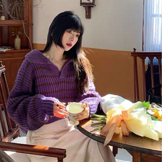  Kii Wii Áo sweater Dệt Kim Dáng Rộng Ngắn Kẻ Sọc Thời Trang Mùa Thu Kiểu vintage Mới Cho Nữ 