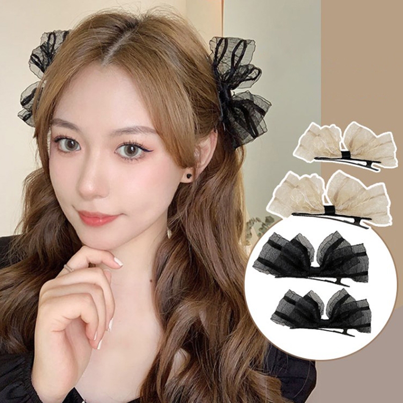 Set 2 Kẹp Tóc Nơ Phối Ren Màu Đen / Be Xinh Xắn Dành Cho Nữ