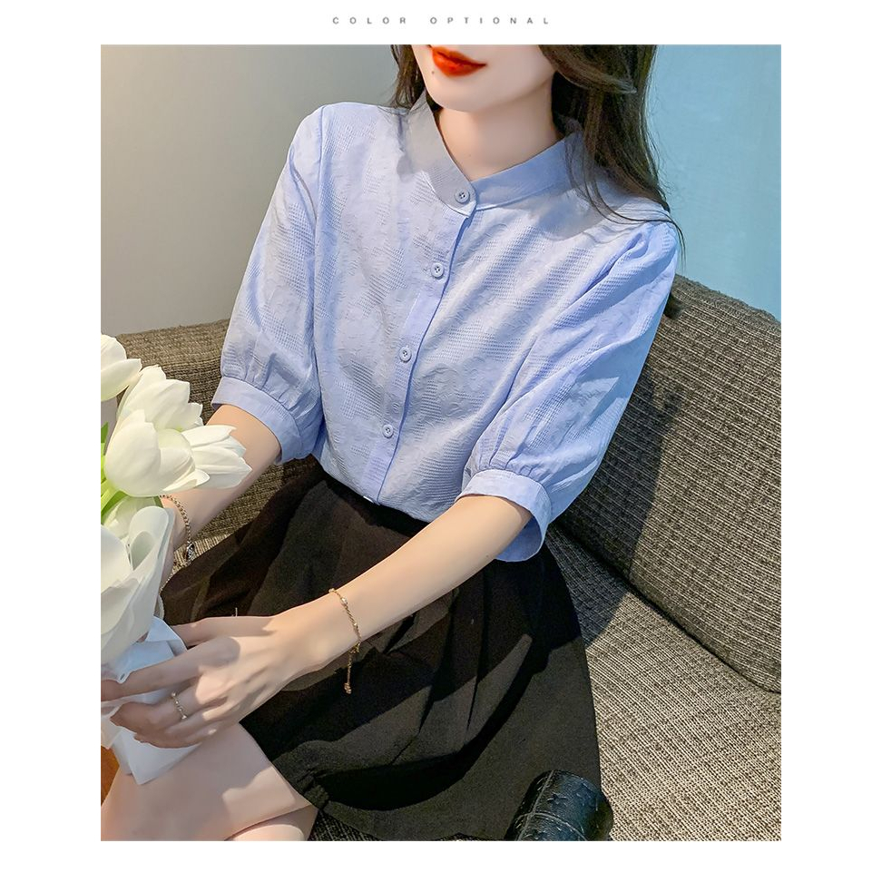 Áo Sơ Mi Cotton Mỏng Tay Lửng Cổ Đứng Màu Trắng Trơn Phong Cách Pháp Thời Trang Mùa Hè Cho Nữ