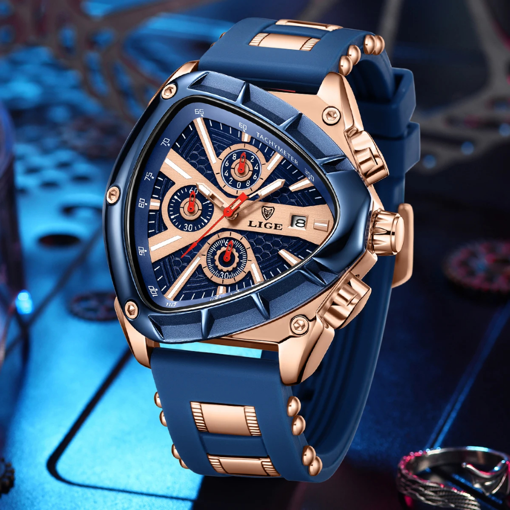 LIGE Đồng Hồ Nam Kinh Doanh Đồng Hồ Thạch Anh Dây Silicon Thể Thao Chronograph Đồng Hồ Đeo Tay Chống Thấm Nước Dạ Quang Đồng Hồ Tam Giác