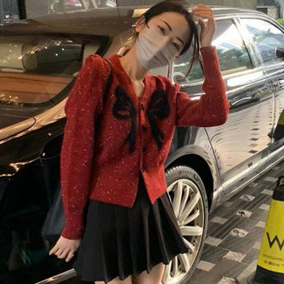 NZN Áo len dệt kim nơ cổ chữ V mùa thu đông áo len dệt kim dài tay