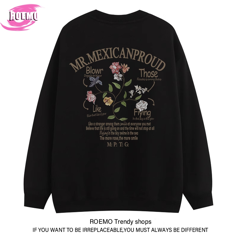 Áo sweater đen nữ cổ tròn form rộng local brand ROEMO áo nỉ dài tay hà