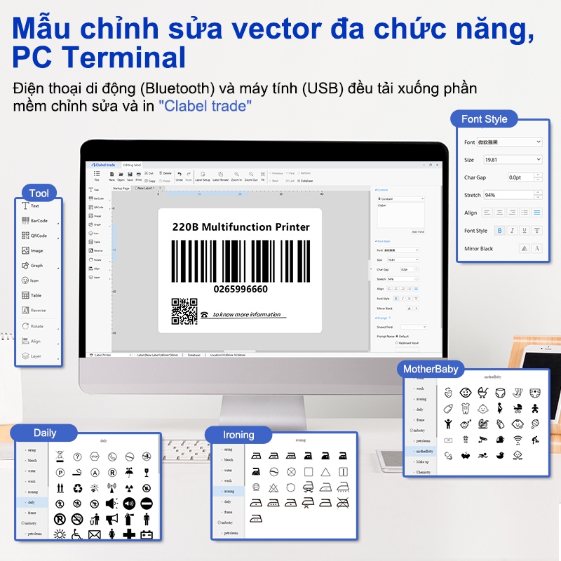 CLABEL 221D Máy In Nhiệt, Máy In Nhãn Để Bàn, Máy In Mã Vạch, Mã Vạch, Có Thể Kết Nối Điện Thoại Di Động Và Máy Tính 2 Năm Bảo Hành