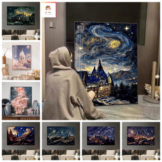 Da Tou-30*40CM/40*50CM-tranh tô màu theo số--tranh tô màu số hoá--tranh số hóa--tranh tô màu theo số theo yêu cầu--tranh sơn dầu số hoá-Bức Tranh Vẽ Bằng Acrylic Hình Lâu Đài Bầu Trời Đêm Đầy Sao Của Van Gogh_Bộ Sơn_Acrylic