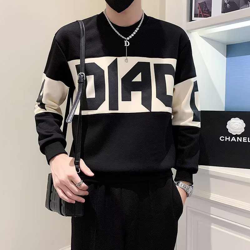 【2 Màu】Áo sweater cổ lọ tay dài màu fashion cotton simple unisex sắc tương phản phong cách hàn quốc thời trang xuân thu cho nam chất lượng cao bán chiều cao cổ drawstring in thư dài tay áo bảo vệ